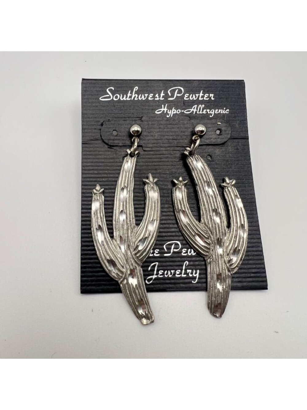 Southwest Pewter Saguaro Cactus Dangle Earrings NOS Boho 2.25" Hypoallergenic